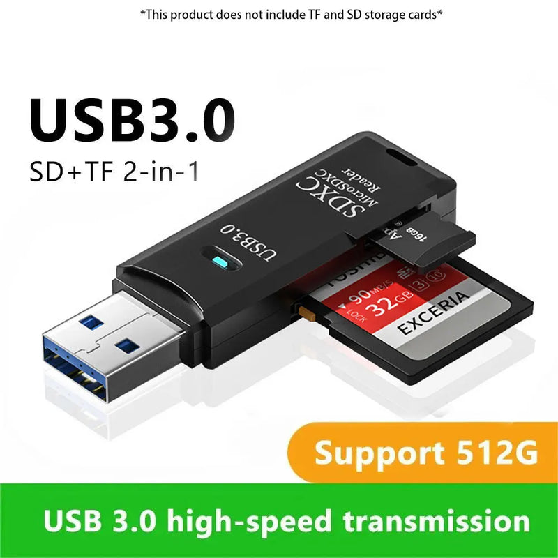 2-in-1 Multi-Functional USB 3.0/2.0 Card Reader - Supports TF+SD Cards for Computer/Tablet/Camera/Laptop/Car