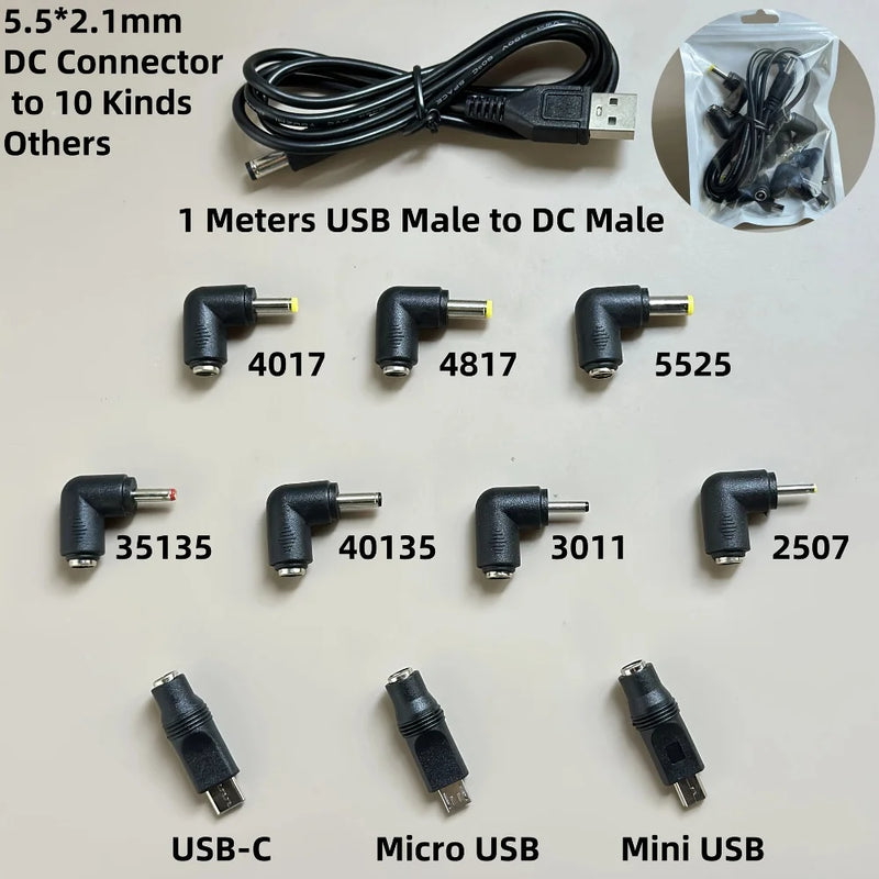 USB To DC Power Connector Cable USB Male to DC Male Jack Plug Converter 10 Kinds Male Connetor 5.5x2.1mm DC Plug