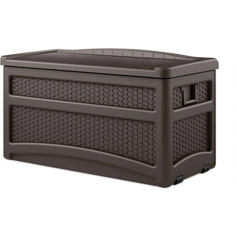 Durable 73 Gallon Outdoor Plastic Storage Chest with Handles, Wheels, and Seat for Patio, Garden, or Pool for Indoor and Outdoo