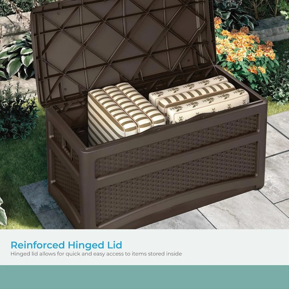 Durable 73 Gallon Outdoor Plastic Storage Chest with Handles, Wheels, and Seat for Patio, Garden, or Pool for Indoor and Outdoo