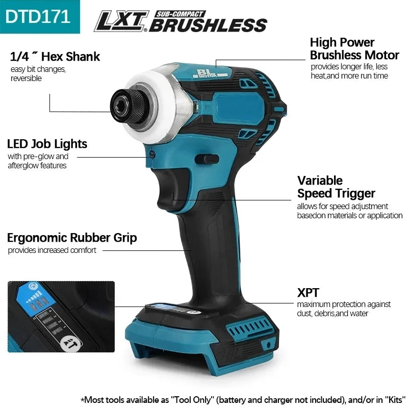 Fit Makita DTD171 Brushless Impact Driver Rechargeable Screwdriver Drills Cordless Power Tools 18V BL Motor Bare Tool Unit Tools