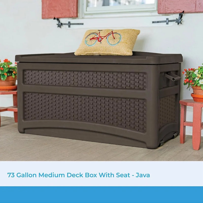 Durable 73 Gallon Outdoor Plastic Storage Chest with Handles, Wheels, and Seat for Patio, Garden, or Pool for Indoor and Outdoo