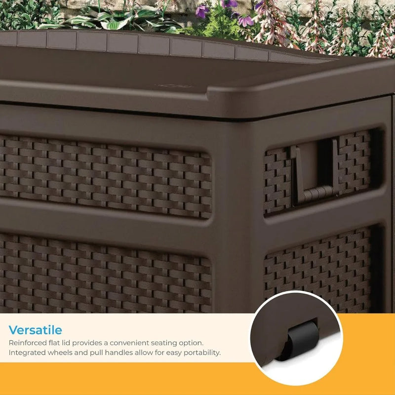 Durable 73 Gallon Outdoor Plastic Storage Chest with Handles, Wheels, and Seat for Patio, Garden, or Pool for Indoor and Outdoo