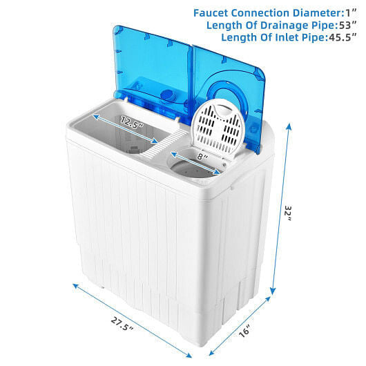 26lbs Portable Semi-Automatic Twin Tub Washing Machine with Drain Pump-Blue-4