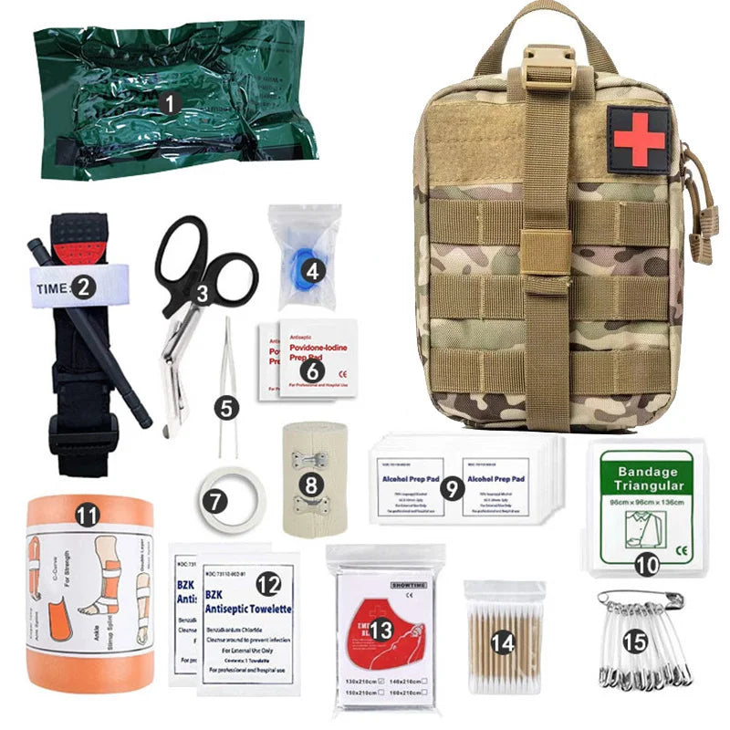 15PCS Survival First Aid Kit Survival Full Set Outdoor Gear Emergency Kits Trauma Bag Camping Hiking Adventures