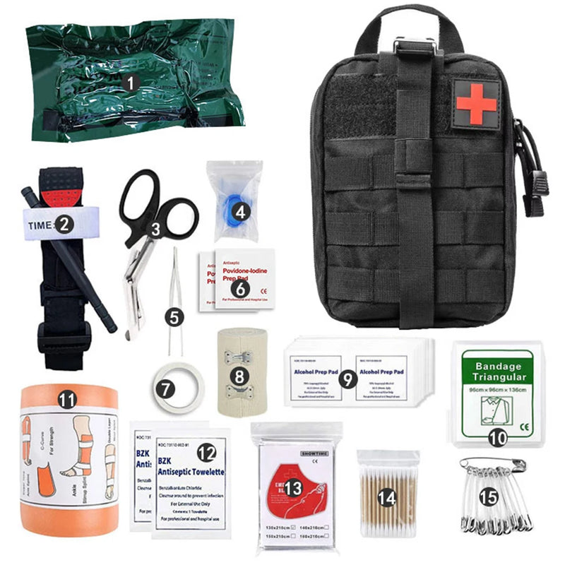 15PCS Survival First Aid Kit Survival Full Set Outdoor Gear Emergency Kits Trauma Bag Camping Hiking Adventures