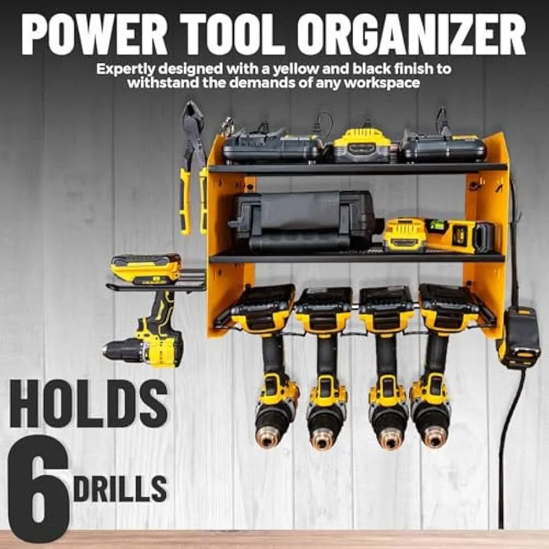 Power Tool Organizer with 6 Drill Holders 8 Integrated Charging Outlets - Heavy Duty Wall Mounted Storage Rack for Drills Cordl