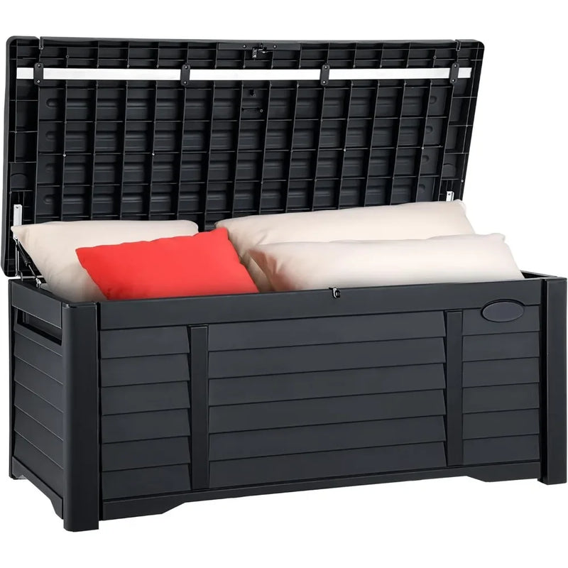 "120 Gallon Outdoor Storage Deck Box - Waterproof Lockable Bench w/ Cushion, Patio & Garden Storage Solution"