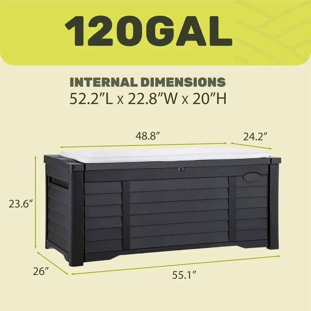 "120 Gallon Outdoor Storage Deck Box - Waterproof Lockable Bench w/ Cushion, Patio & Garden Storage Solution"